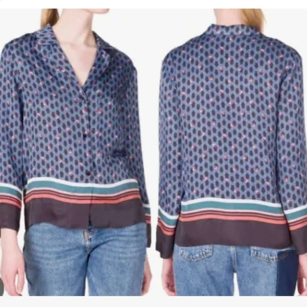 Maje Blue Multi-Spot Silk Blouse with Stripe Trim - Picture 3 of 13